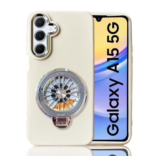 Image of KC Back Cover for Samsung Galaxy A15 5G - Electroplated Crome Metal Ring Soft Silicone Round Spinning Wheel Kickstand Holder Camera Protection Shockproof Bumper Case (White)