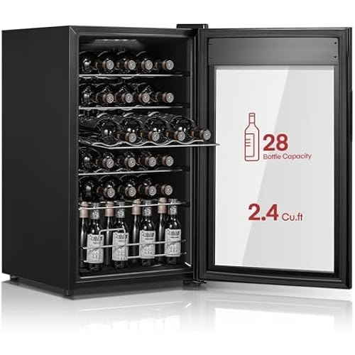 FOHERE 28 Bottle Wine Cooler Fridge, Compact Freestanding Wine Cellar with Adjustable Temperature Control & Quiet Cooling, Vibration-Free Double Glass Door Wine Refrigerator for Home Bar Office