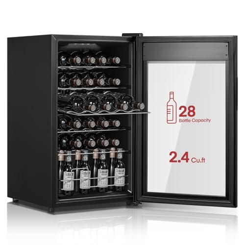 FOHERE 28 Bottles Small Wine Fridge, Countertop Wine Fridge with Double Glass Doors, LED Light, Digital Temperature Control, Wine Cellar for Bar, Home, Office