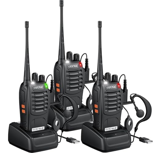 eSynic 3-Pack Professional Walkie Talkies - 5KM Long Range 16CH Durable Two-Way Radios with VOX- Includes 3 Headsets & LED Light, Rain-Resistant for Job Site/Camping/Hiking (3 Pack Family Set)