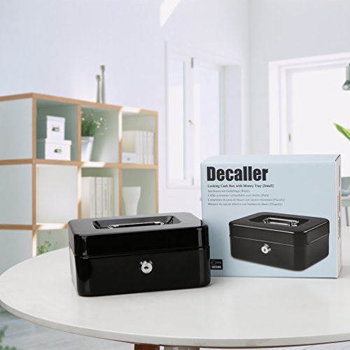 Image of Decaller Cash Box with Money Tray, Metal Locking Money Box with Key Lock for Security, 7 4 /5 inch x 6 4 /5 inch x 3 3 /5 inch, Black, QH2003S | Metal Construction, Key Lock for Security, QH2003S