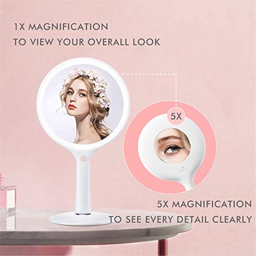 Cosmirror Lighted Makeup Mirror With 3 Colors Dimmable Lighting, Round Makeup Vanity Mirror With 62 Led Lights, 1X/5X Magnification, Cordless Rechargeable Handheld Light Up Mirror (White) #TOP4