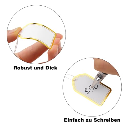 jijAcraft Preisetiketten Anhänger mit Fäden Weiß Gold: 25 × 45mm Klein Hängeetiketten Flohmarkt Preisschilder Etiketten für Schmuck 200 Stück Markierungsetiketten für Kleidung, Kunsthandwerk