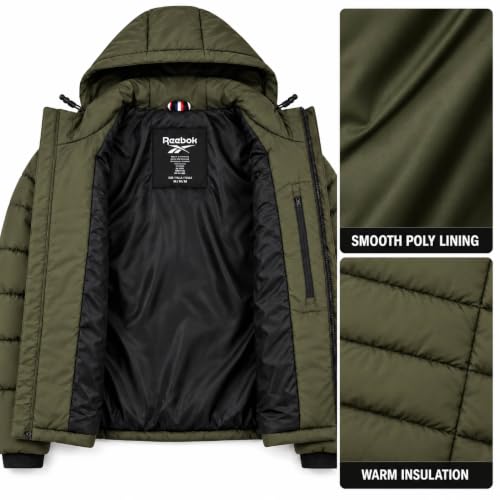 Image of Reebok Mens Quilted Puffer Jacket, Weather Resistant Hooded Winter Coat