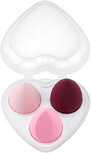 Makeup Sponge Set, 3 Piece, Pink and Burgundy, Heart-Shaped Case, Beauty Blender Applicators