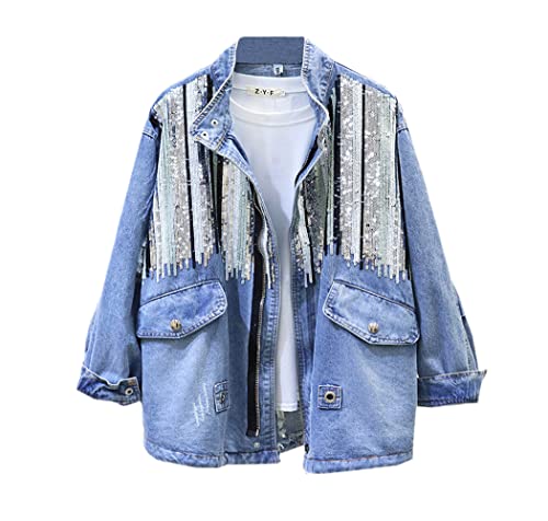 Veste bomber en jean bleu vintage hip-hop FULBHPRINT blouson manches longues paillettes femme M