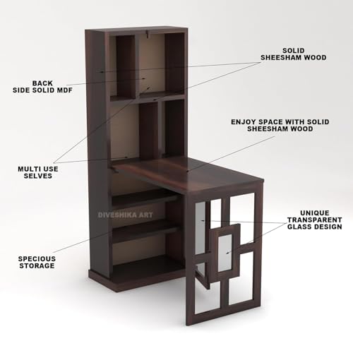 Image of Wooden Bar Cabinet for Home - Large Bar Unit for Living Room with Wine Rack - Foldable Table & Glass Door Storage | Sheesham Bar Table for Home & Bar Counter (Natural)