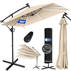 KESSER® Ampelschirm Holly Sonnenschirm Rechteckig LED Solar inkl. Abdeckung | Kurbel-Schirm mit Ständer UV-Schutz Aluminium Wasserabweisend Ø350cm Gartenschirm Beige