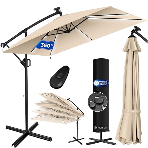 KESSER® Ampelschirm Holly Sonnenschirm Rechteckig LED Solar inkl. Abdeckung | Kurbel-Schirm mit Ständer UV-Schutz Aluminium Wasserabweisend Ø350cm Gartenschirm Beige