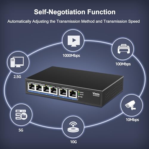 Image of 6-Port 10G /2.5G Ethernet Switch with Dual 10GBASE-T, Vimin 4X 2.5G +2 x 10Gb RJ45 Ports Unmanaged Switch, 60Gbps Capacity, 10G Switch Desktop /Wall Mount Network Switch for NAS, PC, Wireless AP