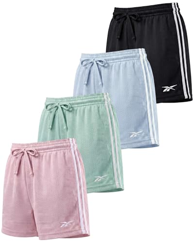 Reebok 4-Pack: Girls Athletic Mesh Shorts with Side Taping Volleyball Basketball Running Shorts Kids Tweens Teens Youth- Set 6 L (10-12)