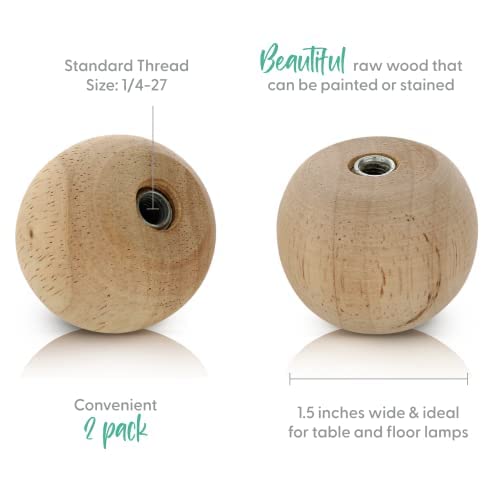 Lamp Finials 2-Pack (Wood Ball, 1-3/8" Tall), Secure Lampshade To Table/Floor/Pendant Lamps, Paintable Decorative Natural Pine Replacement Finial Set, 1/4-27 Ips Pipe Compatible, American Business #TOP2