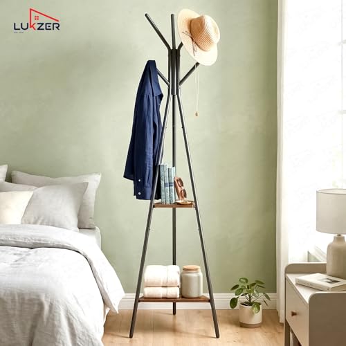 Image of Lukzer 6 Hook Coat Rack Stand with 2 Shelves | Metal Freestanding Coat & Hat Hanger Stand for Clothes, Bags & Umbrella | Space Saving Entryway Organizer for Home (Black Frame with Wooden Shelves)