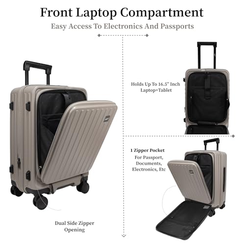 Image of F Gear Montreal Small Cabin Pro 54cm German Polycarbonate Hard Luggage |8 Japanese Hinomoto Silent Wheels|USB & Type-C Charging, Phone Stand & Cup Holder | Front Opening Suitcase for Travel|Taupe