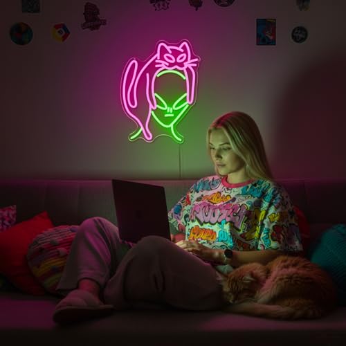 Image of Alien Cat Neon Sign,Dimmable LED Neon Signs for Wall Decor,USB Powered Alien Neon Light for Bedroom, Game Room, Bar,Aesthetic Alien Cat Lover Decor