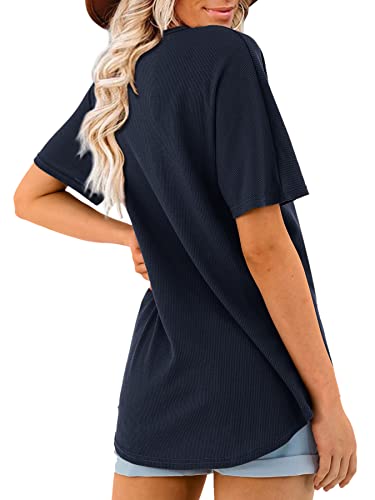 Bbeluring Summer T-Shirt For Women Loose Short Sleeve Button Down Tops Navy Xl #TOP3