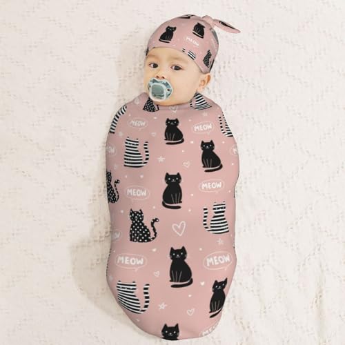 Image of Black Heart Cat Newborn Swaddle Blankets Hat Sets Soft Baby Receiving Blanket Swaddle Sack for Baby Shower Infant Boy Girl Gift