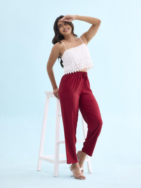 Image of GO COLORS Women Solid Mid Rise Relaxed Fit Viscose Casual Pants