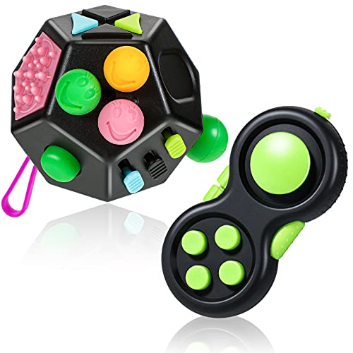2 Pieces Fidget Pad and Fidget Cube Set, 12-Side Fidget Toy Cube Handheld Fidget Sensory Cube and Fidget Controller Pad Anxiety Fidget Pad Toy for Teens and Adults to Relieve Pressure, Anxiety