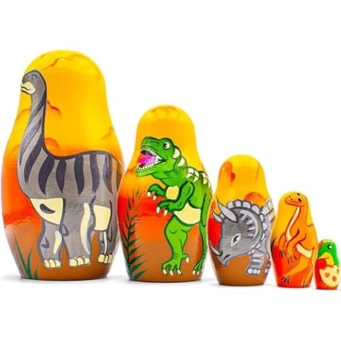 AEVVV Dinosaur Nesting Dolls Set of 5 pcs - Matryoshka Doll with Dinosaur Figurines - Wooden Dinosaur - Dinosaur Room Decor - Nesting Dolls Dinosaur Cover