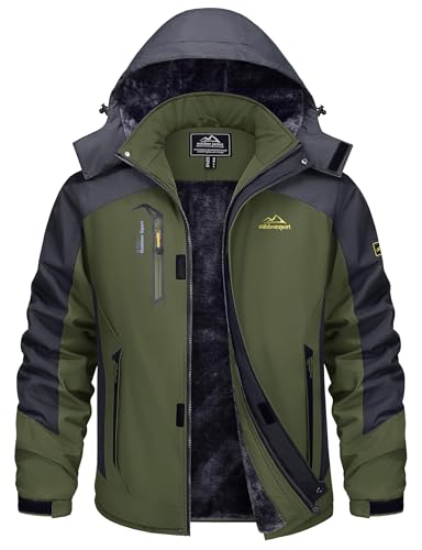 TACVASEN Winter Jacket for Men - Waterproof Fleece Coat for Fishing, Hunting, Outdoor Skiing, Trekking, Climbing - Warm Windproof Snow Jacket in Army Green