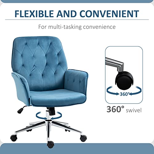 Vinsetto Modern Mid-Back Tufted Velvet Home Office Desk Chair With Adjustable Height, Swivel Adjustable Task Chair With Padded Armrests, Blue #TOP5