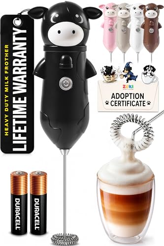 Image of Zulay Kitchen Cow Milk Frother Wand - Cutesy Frother, Meet Your New Frothing Buddy Betsy The Cow, Adoption Papers and Stickers Included, Purrr-fect for Lattes, Cappuccino & Matcha - Black