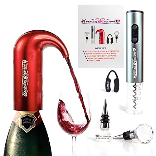 Power Dreams - Wine Gift Set & Best Wine Bar Kit (*5 In 1)-Wine Aerator Decanter Dispenser Pourer, Electric Bottle Opener Corkscrew, Bottle Stoppers X2, Foil Cutter, *Christmas Holiday+Birthday Gifts #TOP1