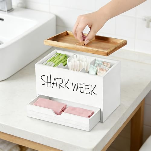 Hynorian Tampon aufbewahrung aus Holz mit Deckel, Binden Aufbewahrung mit 3 Fächern und Schubladenfach, Slipeinlagen box für Bad und Toilette zur Aufbewahren von Tampons, Binden & Wattepads in Weiß