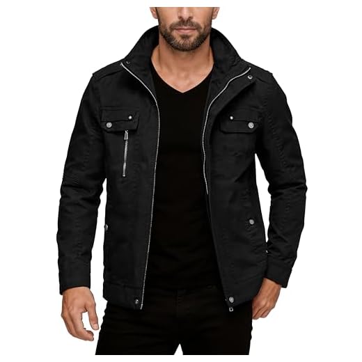Wantdo Men's Cotton Stand Collar Lightweight Front Zip Jacket Black,Medium
