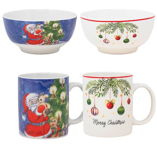 NAMAI - Set di 2 Tazze Natalizie e 2 Ciotole Natalizie, 310 ML, Eleganza Natalizia, Porcellana Resistente, Adatte In Lavastoviglie e Microonde, Tazze Colazione, Idea Regalo (Babbo + Vischio)