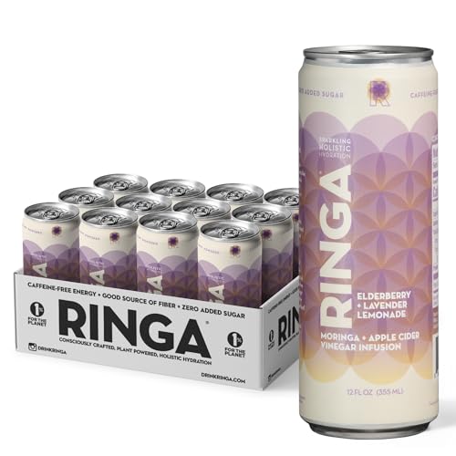 Image of RINGA Elderberry Lavender Lemonade Sparkling Drink - Organic Moringa + Apple Cider Vinegar with 3g Prebiotic Fiber - No Added Sugar, No Natural Flavors - Gut Health & Immunity Support - 12oz Cans