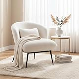 LukeAlon Modern Sherpa Accent Chair Upholstered Single Sofa Chair with Pillow & Black Metal Legs, Comfy Vanity Chair for Living Room, Bedroom, Office, White