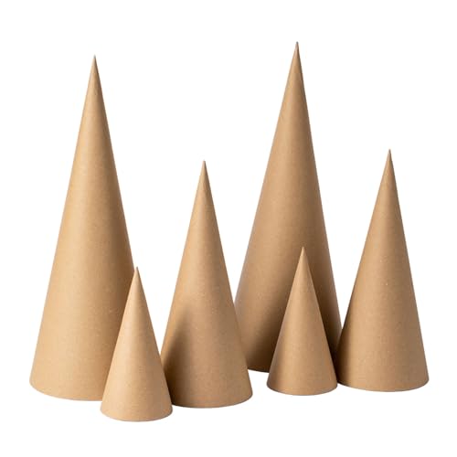 Ruisky 6PCS Paper Mache Cones(Three Sizes) Open Bottom Cardboard Craft Cones for DIY Art Projects Halloween and Christmas Tree Decorations (Brown)