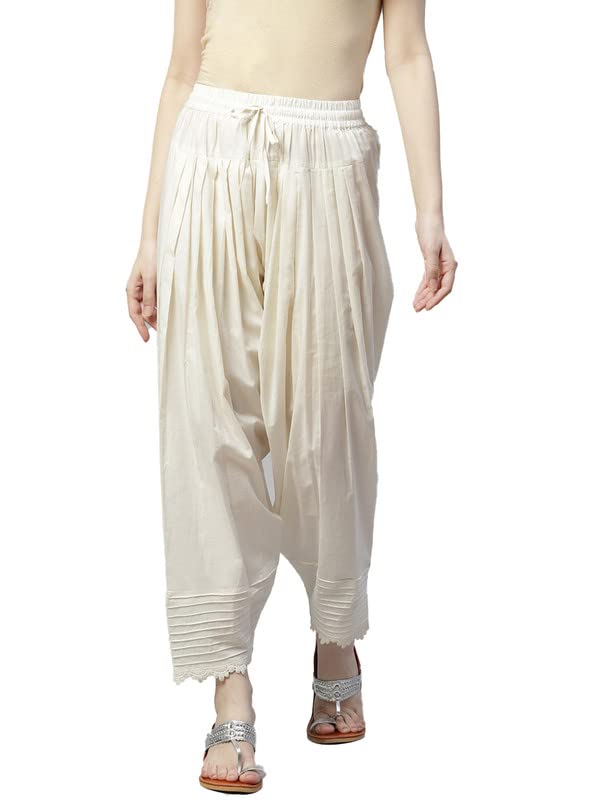 laado-pamper yourself Laado - Pamper Yourself Off-White Solid Lace Pintucks Pure Cotton Salwar for Women/Girls/Ladies | Elasticated Waistband | All Day Comfort-picture-10