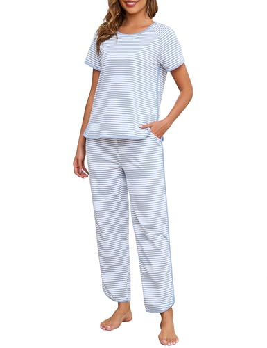 Image of Womens Pajama Sets Cotton 2 Piece Lounge Set Stripe Short Sleeve Pj Set Comfy Loungewear Sleepwear with Pockets
