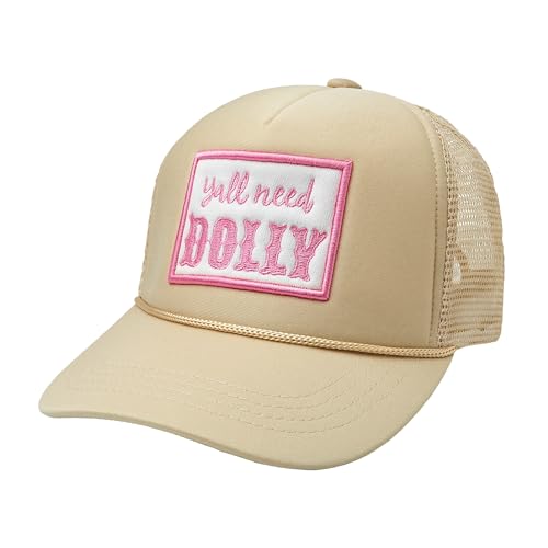 Embroidered Yall Need Dolly Print Trucker Cap with Pink Patch Mesh Beach Hat for Ladies and Men Summer,Khaki