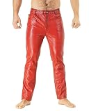 Bockle® Fitting You RED Lederhose Herren Tube Röhre Skinny Slim Fit Herren Rot Lederhose Herren, Size: 36W / 36L