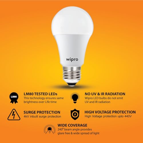 Image of wipro Garnet 14W LED Bulb for Home & Office |Warm White (2700K) | E27 Base|220 degree Light coverage |4Kv Surge Protection |400V High Voltage Protection |Energy Efficient | Pack of 10