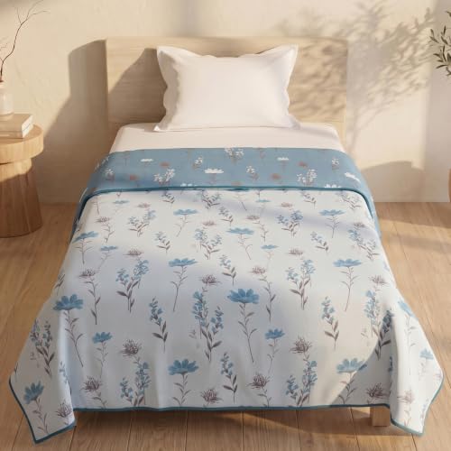 Image of HUESLAND 100% Cotton Reversible Dohar Single Bed Cotton | Soft Cambric Weave, All Weather Light AC Blanket | 56 x 89 inches, Floral - White & Blue