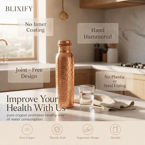 Image of Copper Water Bottle 34oz - 100% Pure Ayurvedic Handcrafted Design - Eco-friendly Premium Quality - Bpa-free Heavy Duty Leak-proof & Lab-tested - Health Benefits for Daily Use, Sports, Travel & Gifting