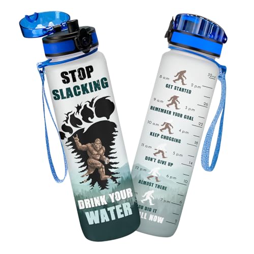 GEPOSTORE Bigfoot Water Bottle 32oz with Time Marker, Gifts for Men Him Dad