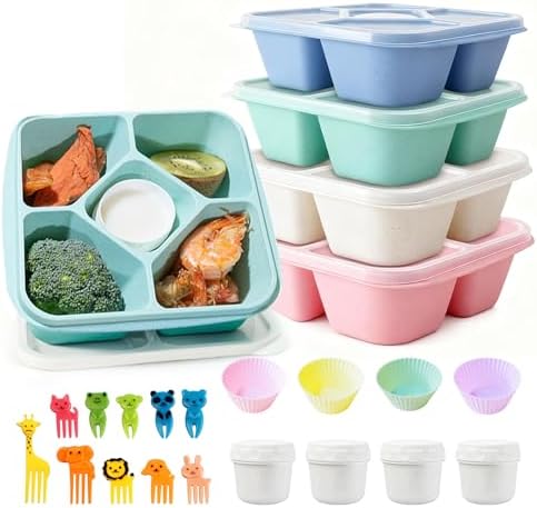 4 Pack Snack Containers for Kids & Adults, 5 Compartments Reusable Bento Lunch Box with 4 Leakproof Small Containers, Meal Prep Lunch Container Divided Bento Snack Box for School, Work, Travel