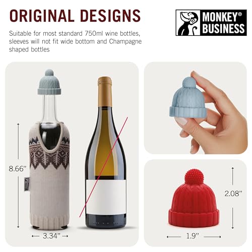 Image of Monkey Business Wine Knits Bottle Stopper and Sleeve Set - 4 Piece Silicone and Neoprene Insulated Wine Accessories Pack for Temperature Control and Freshness, Winter Knit Themed Dining Gift Set