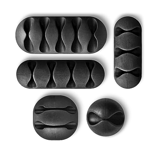 Silicone cable management holders, Reusable multi-purpose clips for desk, power cable, USB cable, headphone cable, TV cable, PC/Laptop cable, Home office (5 Black various sizes)
