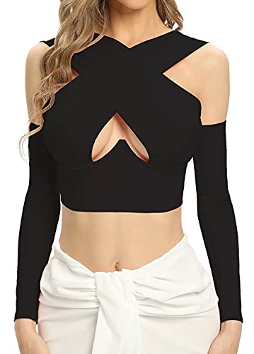 LYANER Women s Cut Out Crisscross Halter Vest Wrap Crop Top Sexy Blouse with Long Sleeve Black Medium