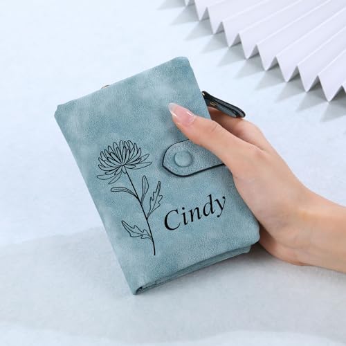 INBLUE Custom Leather Purse for Women Engraved Birth Flower with Name Ladies Wallet Small Tri-Fold Zipper Coin Purse with Wrist Strap Personalized Gift for Mom Mother's Day Birthday - Green2