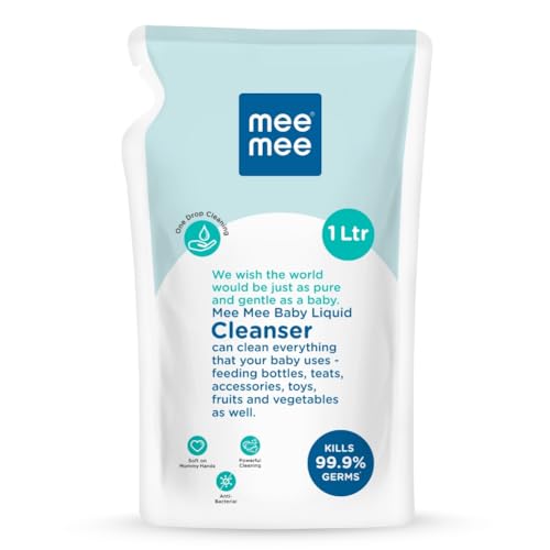 Mee Mee Baby Liquid Cleanser 1 L, Anti-Bacterial Kills 99.9% Germs | For Feeding Bottles, Nipples, Accessories, Toys, Fruits & Vegetables | No Alcohol, One Drop Cleaning, Dermatologically Tested