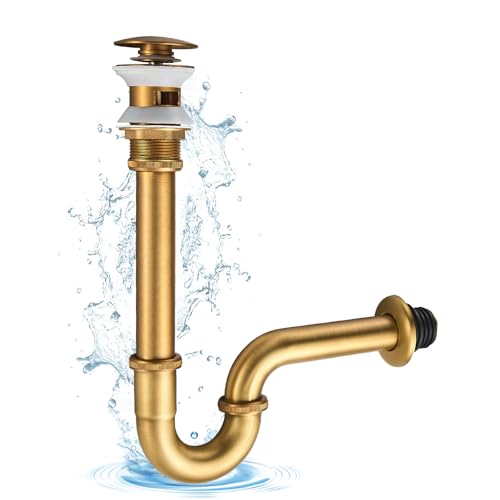 KINKIBOS, Sifone a P in acciaio inossidabile e ottone con pop-up svasato, 1 1/4 x 32mm universale per lavandino e lavabo da bagno con troppo pieno, trappola per odori regolabile in altezza, finitura
