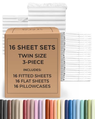 Bulk Case Pack of 16 Sheet Sets - (16) Complete Twin Size Sheet Sets with Deep Pockets - Wholesale Bulk Bedding for Hotels Spas & Airbnbs - Breathable Cooling Soft & Wrinkle Free - (Twin White)